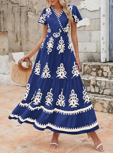 Image of PRETTYGARDEN Womens 2026 Summer Casual V Neck Boho Maxi Dress Flowy Aline Bell Sleeve Tiered Floral Dresses with Pocket