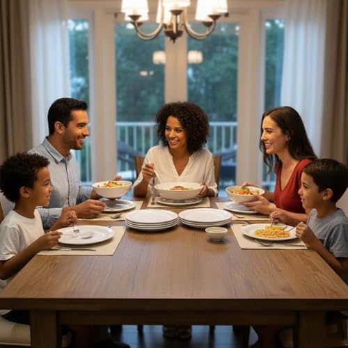 Image of Go Hooked 16-Piece Melamine Dinner Set | Speckled White Crockery with 4 Full Plates, 4 Quarter Plates, 4 Soup Bowls, 1 Large & 2 Small Serving Bowls + Serving Spoon | Break-Resistant & Keeps Food Warm