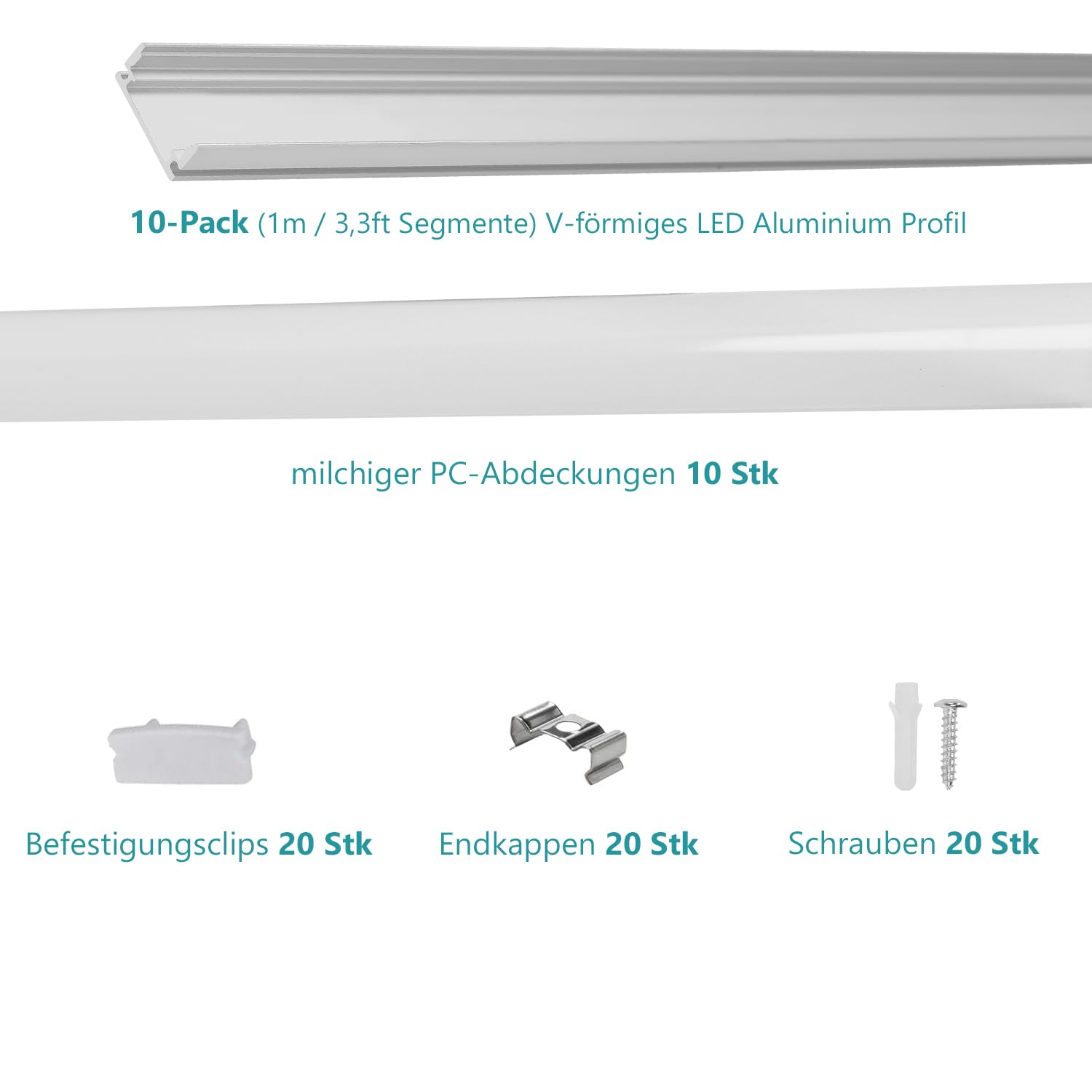 Profil aluminiowy LED, 40 x 1 m, 10 szt. kanałów LED w kształcie litery U, z białą mleczną osłoną, zaślepkami i materiałem montażowym, szyna do oświetlenia podszafkowego LED, listwa LED