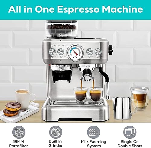 CASABREWS Espresso Machine With Grinder, Professional Espresso Maker With Milk Frother Steam Wand, Barista Latte Machine With Removable Water Tank for Cappuccinos or Macchiatos, Gift for Mom Dad