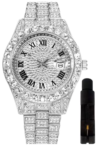 HUNRUY Hip Hop Watches for Men Iced-Out Bling Diamond Luxury Quartz Watches with Date (42mm Face Silver Diamond)