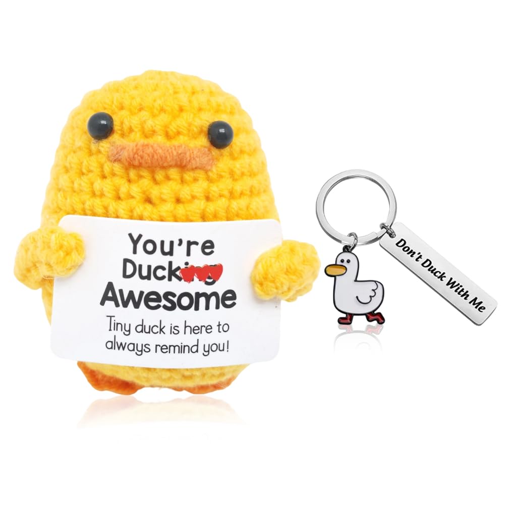 Mini Positive Crochet Duck With Duck Keychain 2pcs,Knitted Ducks Doll With Card,Emotional Support Plush Cute Birthday Gifts Friends Party Decoration Good Luck Encouraging Gift For Classmate — image 1