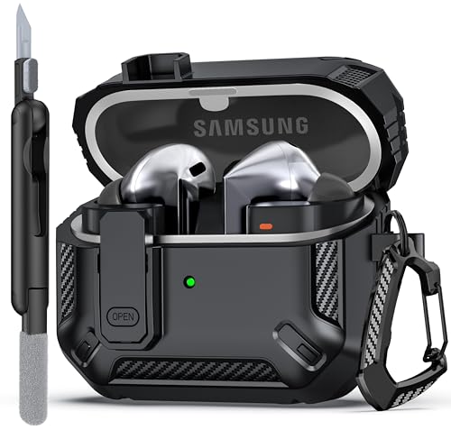 MHYALUDO Compatible with Samsung Galaxy Buds 3/Galaxy Buds 3 Pro (2024) with Locking Closure Military Grade Drop Proof Headphone Case with Hiking Buckle and Cleaning Kit-Black