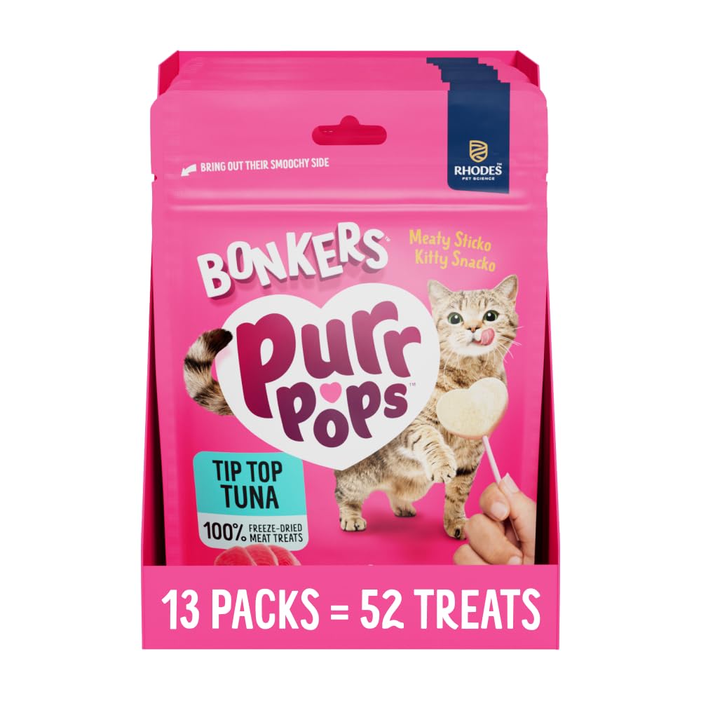 BONKERS Purrpops Cat Treats 13 Pack with 4 Lollipops Each, Freeze Dried Tuna Flavoured Pet Snacks, 52 Lollipops Total