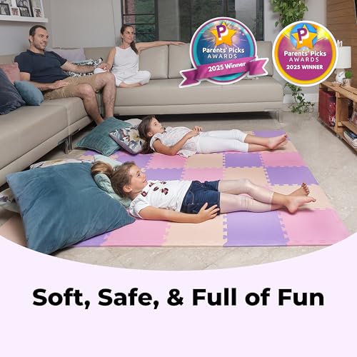 Image of MioTetto Soft Non-Toxic Foam Baby Play Mat | Colourful Puzzle Play Mat | Floor Mats with 36 Squares for Kids and Babies | EVA Foam Interlocking Tiles, Pink Purple Beige, 36
