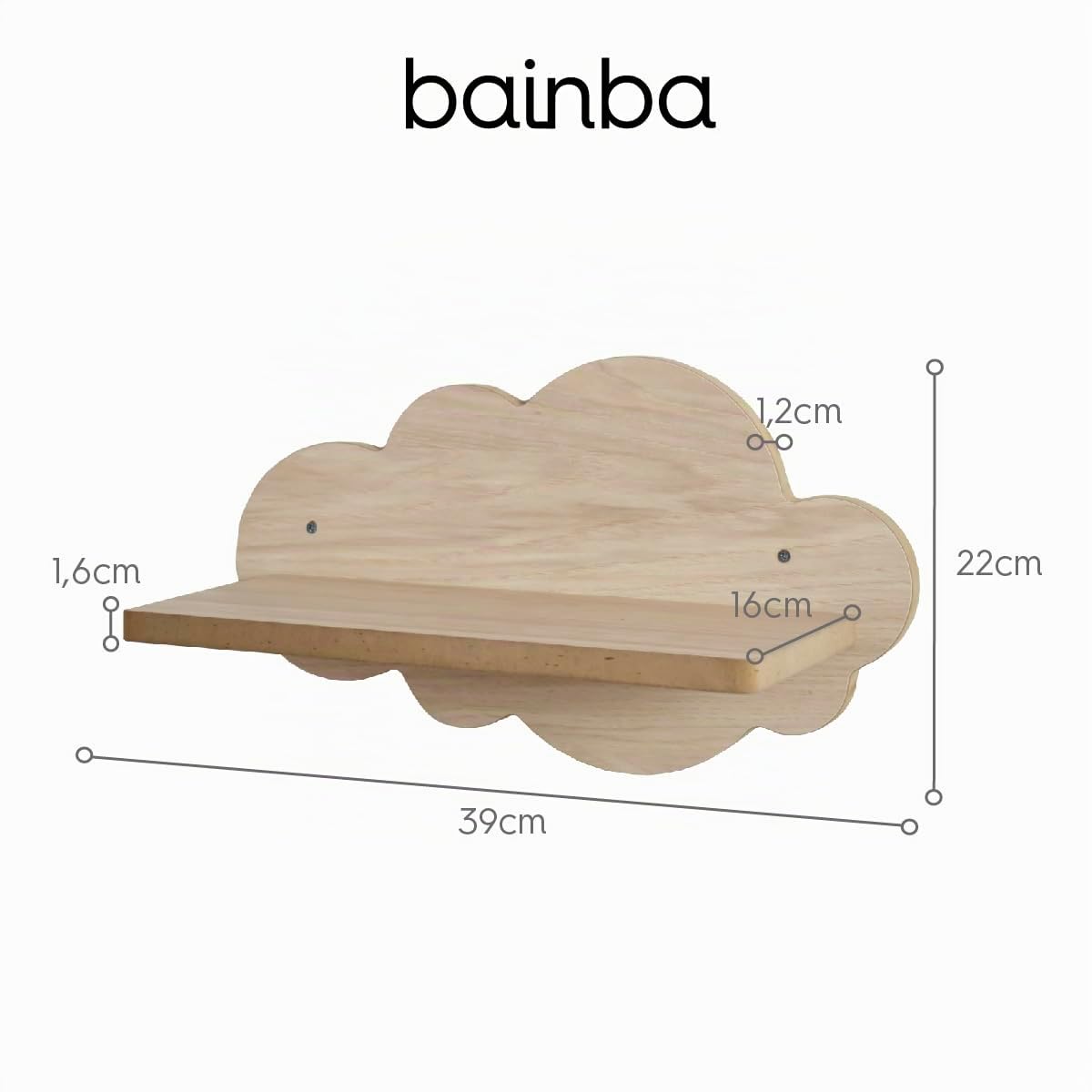 Bainba - Étagère Murale Nuage en Bois pour Chambre bébé et Enfant - 39 cm - Finition MDF Bouleau/Bois Naturel