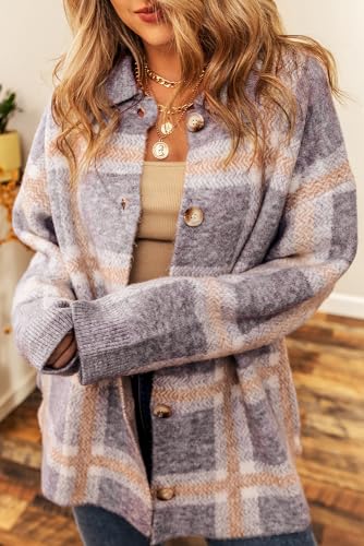 Women's Chic Sky Blue Fuzzy Plaid Collared Button Up Cardigan2
