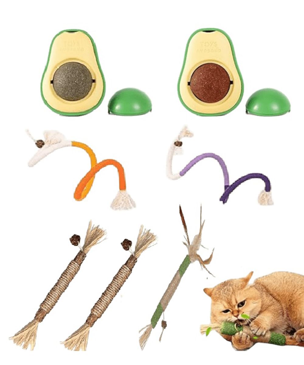AMANGSCO 7 Packs Catnip Toys for Cats, Cat Chew Toy Silvervine Sticks for Cats, Avocado Catnip Balls Kitten Treats, Sisal Rope Cat Teething Toys, Cat Grass Teething Stick Kitten Toys