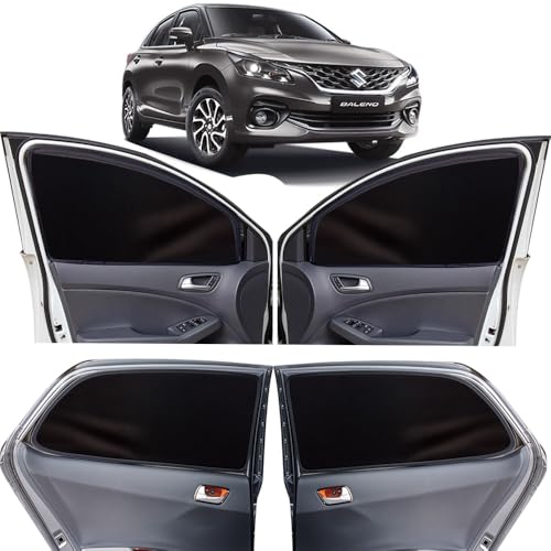 Image of OTO2EYE Car Sun Shade Compatible for Maruti Suzuki Baleno Model 2022 to 2025, Z-Black Super Magnetic Grip, Front Window Zipper, Side Window Curtains, 4 Pieces Set