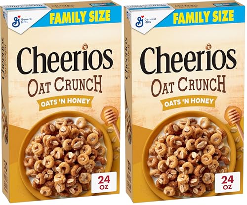 Cheerios Oat Crunch Oats & Honey Oat Breakfast Cereal, Family Size, 24 oz (Pack of 2)