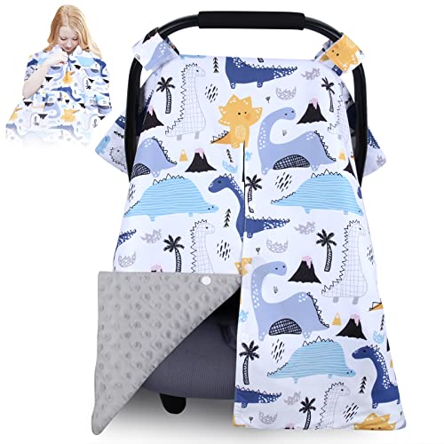 Image of Dinosaur Car Seat Cover for Boys Girls, Rquite Minky Infant Carseat Canopy with Peekaboo Opening, Warm Winter Baby Carrier Covers Nursing Cover
