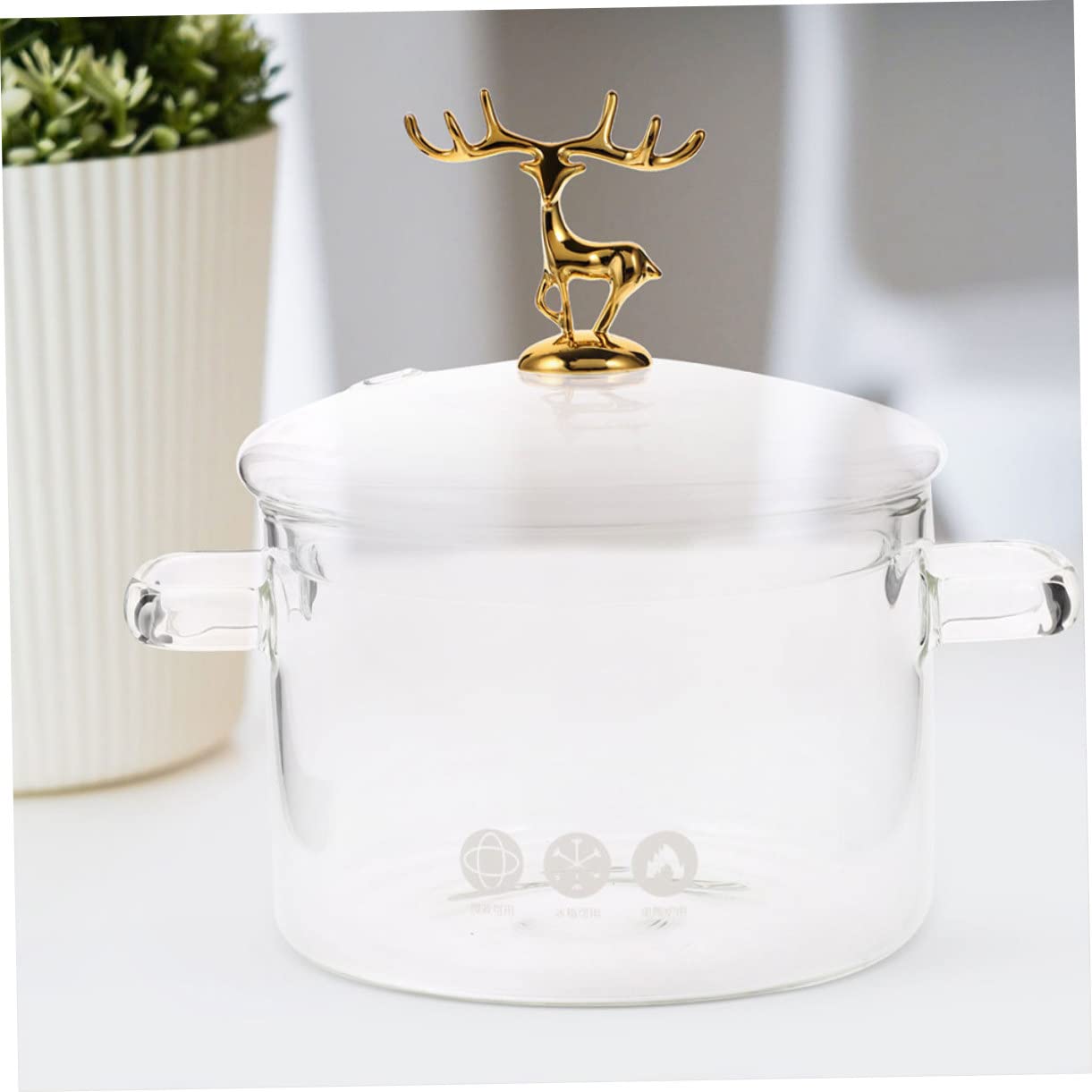 Hitzebeständiger Glas Instantnudeltopf 1900ml mit Elch Stil Deckel Transparent und Kältebeständig zum Kochen von Nudeln und Suppen im Haushalt