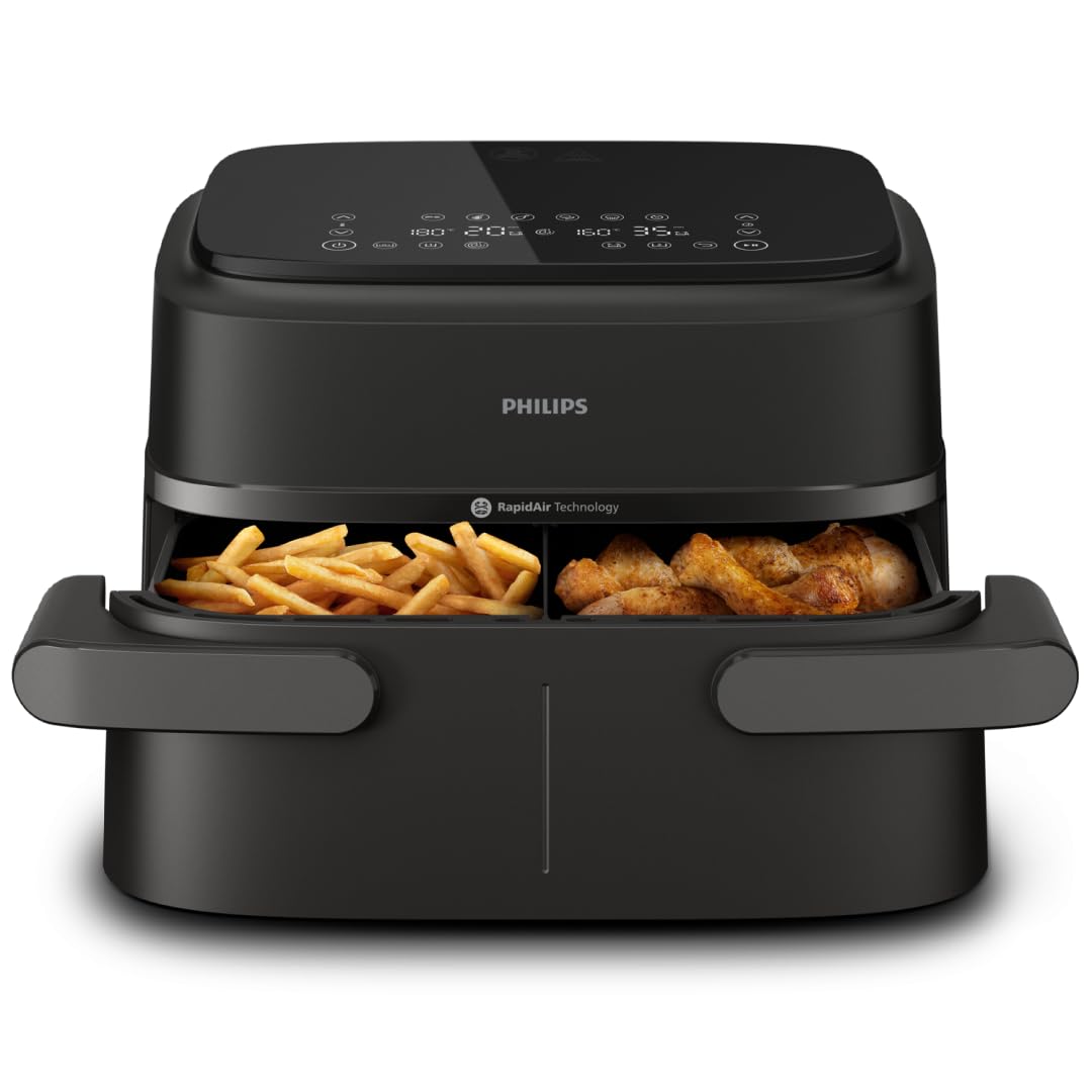 Philips Airfryer Serie 1000, Friggitrice ad aria con singolo/doppio cestello flexi da 7.1L e separatore, doppia resistenza e termostasti separati, RapidAir, 10 modalità, compatto, HomeID (NA154/00)