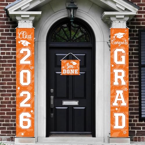 Image of Moukeren 3 Pieces 2026 Graduation Party Decorations Graduation Porch Sign Class of 2026 Grad Hanging Porch Banner Backdrop Door Sign for Grad Party Home Door Wall Decor(Orange)