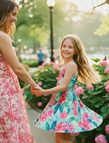 Image of PATPAT Girls Summer Dress Hawaiian Floral Beach Tropical Sundress 2-7 Years | Midi Spaghetti Strap Dress with Lining