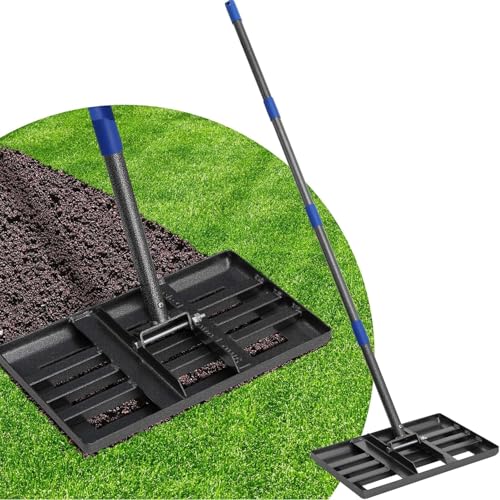 Lawn Leveling Rake, 43 x 25 cm Levelawn Tool with Effort Saving Curved Edge, 6 FT Metal Lawn Leveler Heavy Duty, Move Soil Ground Surfaces Freely, Length Adjustable Garden Rakes for Yard Golf Course