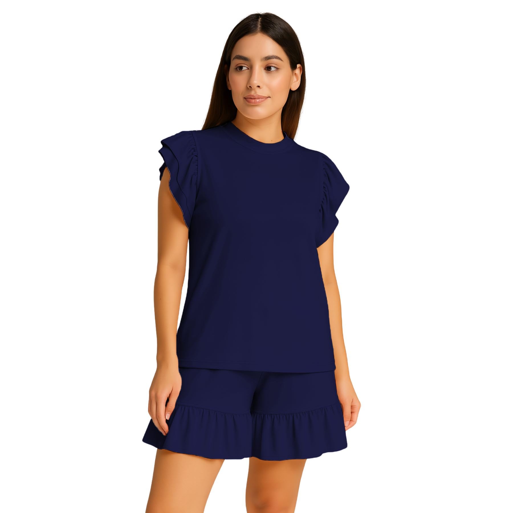 Ensemble 2 pièces col rond uni bleu marine taille 48 avec hauts à volants amples - 4