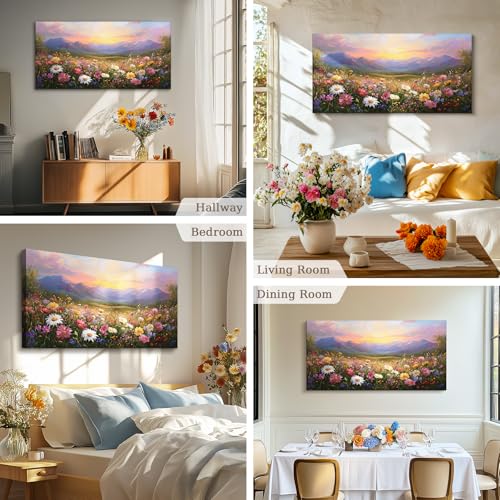 crmotu Landscape Wall Art, Mountain Wall Art, Floral Wall Decor, Daisy Flower Field Canvas Artwork, Rustic Bright Big Paintings for Living Room Bedroom Entryway Home Office Prints 24x48inch