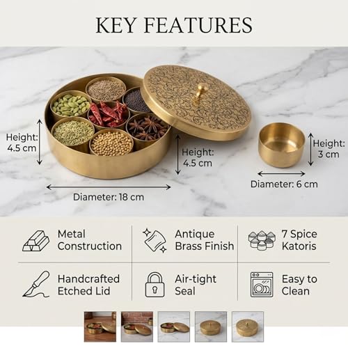 Image of Brass Masala Box for Kitchen with Spoon (7 Detachable Spice Katoris) | Handcrafted Etched Lid, Antique Brass Finish | Airtight Masala Dabba Masala Dani Namak Dani (18 cm) (Design 2)