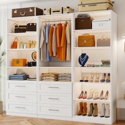 Image of Closet system with 6 Wooden Drawers, 6-15.78FT Closet Organizer System, 4 Expandable Hanging Rods and 11 Shelves for Walk in Closet, Modular Closet Storage System with Shelves, Set of 3