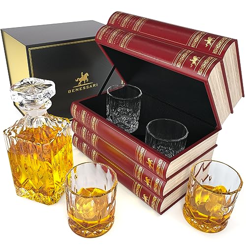 BENESSARI Whiskey Decanter Gift Set - Fake Book Tantalus Bourbon