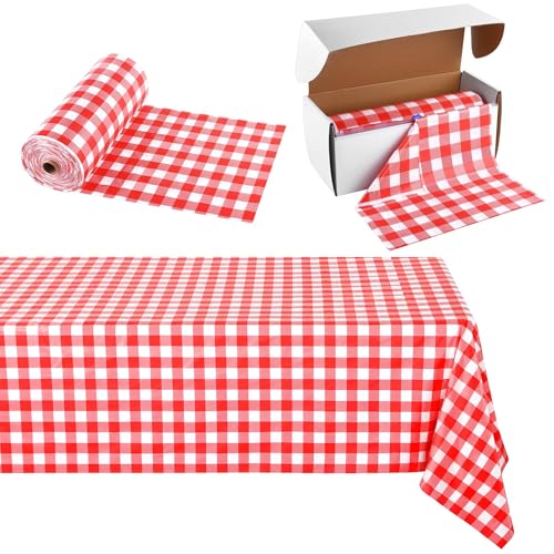 Image of Kochorie 54 Inch x 300 Ft Red Checkered Plastic Table Cloth Roll Disposable Waterproof Table Cover with Easy Slide Cutter for Outdoor Picnic /Home Dining /Spring Party