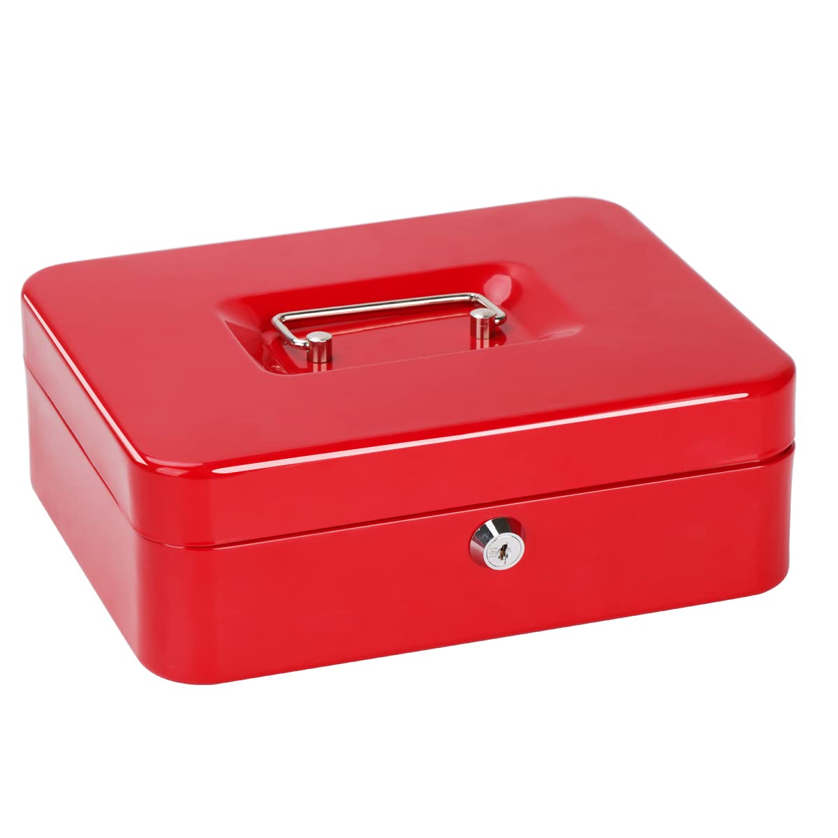 Jssmst Cash Box with Tray - Red Cash Box with Key Lock Safe Money Box with Cash Tray, Money Saving Box Lock Box for Money, 9.84'' x 7.87'' x 2.6'', SM-CB00125RD