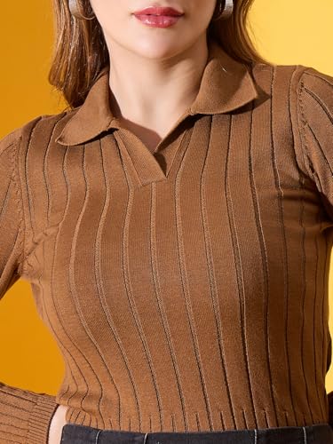 Image of 98 Degree North Women Ribbed Collar Neck Pullover-G1154-BROWN