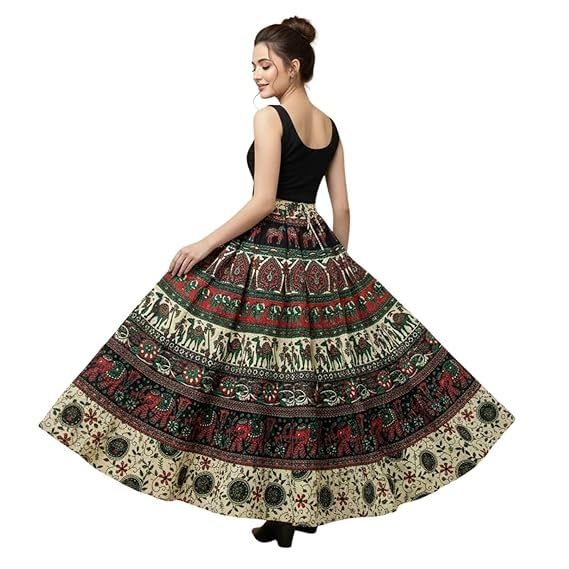 Image of HARSHITA-Enterprises Jaipuri Women's Cotton Printed Elastic Long Skirts