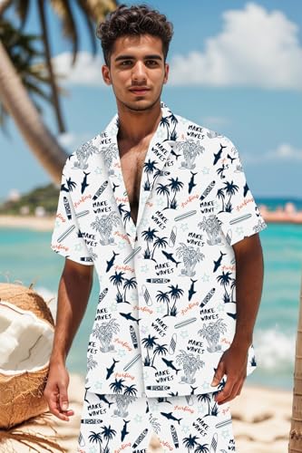 Image of Cromoncent Boy and Men Hawaiian Outfits Short Sleeve Shirts and Shorts Hawaiian Suits Beach Tropical 2 Pcs Vacation Sets