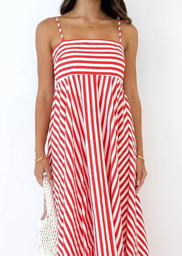 Image of KMBANGI Women Striped Sleeveless Maxi Dress Swing Patchwork Midi Dress Smocked Spaghetti Strap Colorful Long Sundress