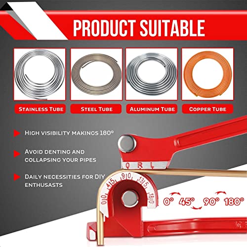 Flexzion Tube Bender Tool - Manual OD Tubing Bending 3 Size 1/4" 5/16" 3/8" 180 Degree Lever Type Heavy Duty Bend Copper Brass Aluminum & Soft Metal for HVAC Water Gas Pipe Automotive Plumbing (Red) - Image 6