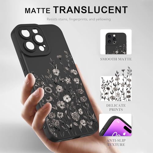Image of Designed for iPhone 14 Pro Max Case Flower for Women Girls, Black | Cute Floral Pattern Liquid Silicone Phone Case [Full Camera Protection] Slim Soft TPU Protective Cover