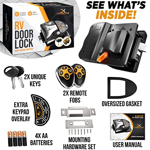Carmtek - Rv Keyless Entry Door Lock | V5.0 Rv Door Lock Keyless Entry | 100% Metal Keyless Rv Door Locks | Rv Keyless Locks With Backlit Keypad, 2 Fobs, 2 Unique Keys | Only Fit 3.75"X2.75" Lock Hole #TOP2