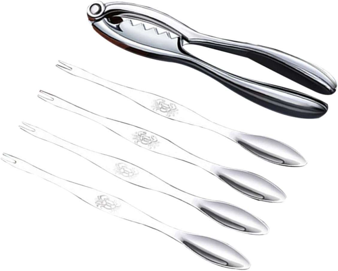 Seafood Tools Set 5pcs Zinc Alloy Crab Crackers with 4 Crab Forks and Pickers Stainless Steel Shellfish Utensils and Lobster Eating Kitchen Gadget for Seafood Preparation