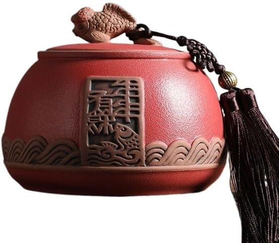 Tea Tin Vintage Rough Ceramic Tea Canister With Change And Carry Handle Sealed Storage Jar Household Organizer Container(Red)