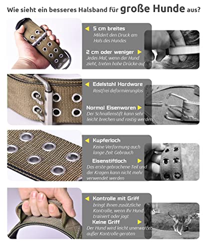 Hundehalsband für Große Hunde - 5 cm Breites Halsband mit Griff für Extragroße Hunderassen, schwerlast, Weich Gepolstertes Neopren Nylon Hunde Halsband für Grosse Hunde Big Dog Collar M, Khaki