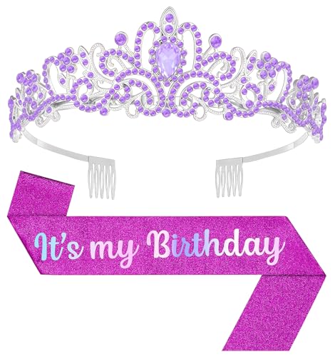 Birthday Tiara and Crown with Sash, Birthday Tiara for Women Party (Purple)