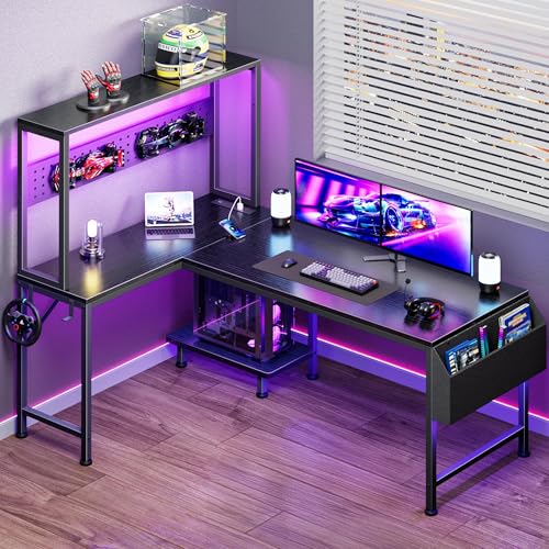 PRAISUN L Shaped Gaming Desk with LED Lights & Power Outlets, Reversible Computer Desk with Storage...