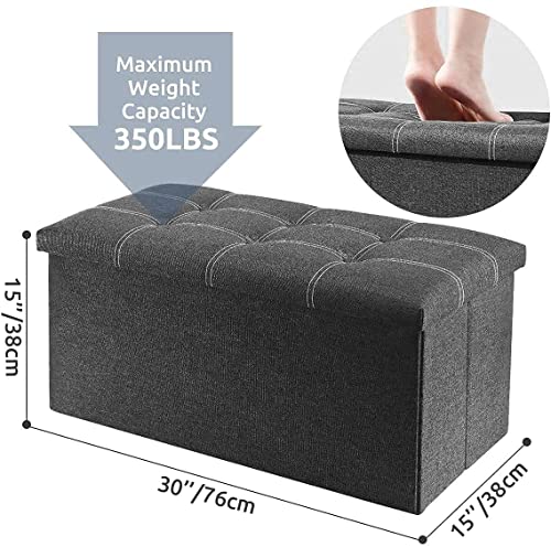 Image of JUGTE Folding Storage Ottoman, Long Sofa Bench, Fabric Linen Footrest Stool for Makeup Cosmetic Laundry, Toys Storage Organizer Bin Box with Lidded Cover (Dark Grey)