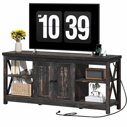 DWVO Farmhouse TV Stand with Power Outlet for TVs up to 65 Inch, Entertainment Center with Adjustable Shelf and Open Shelves, Media Console TV Cabinet for Living Room, Dark Rustic Oak, 59 Inch