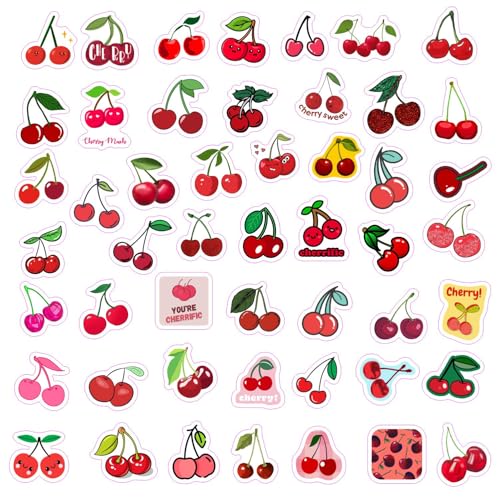 Image of 100Pcs Cherry Stickers for Water Bottle and Laptop - Fruit Party Favors & Decorations, Waterproof Vinyl Nature Decals, Cute Cherry Stickers Laptop Decals, Gifts for Women & Men