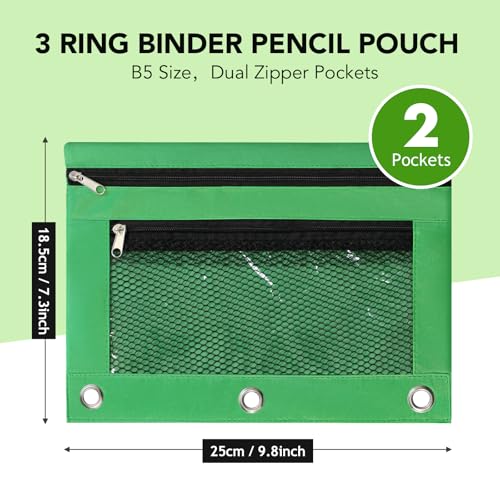 Image of Pencil Pouch for 3 Ring Binder, Heavy Duty Canvas Dual Zipper Pen Bag with Clear Window, Smooth Metal Zipper, Fit Standard 3-Ring Binders for School Office Travel Supplies (Green)