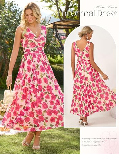 Image of GRACE KARIN Women's Summer Sleeveless Floral Maxi Dress V Neck Formal Wedding Guest Dress A Line Beach Vacation Clothes