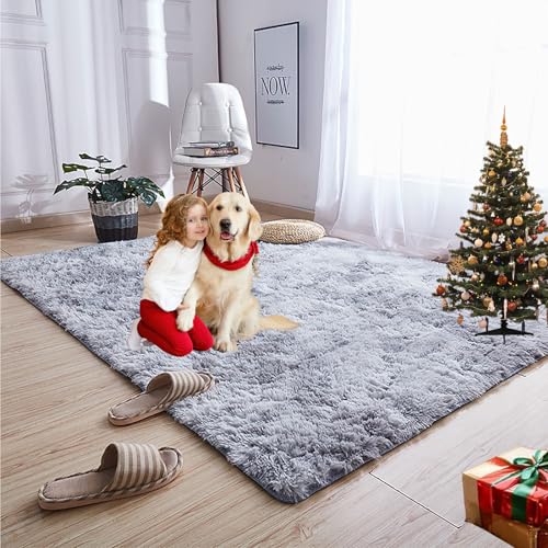 Tapis de salon aspect fourrure haute densité gris clair