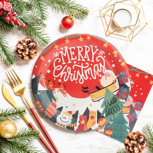 100 PCS Christmas Paper Plates and Napkins, Red Merry Christmas Santa Claus 9 Inch Party Paper Plates and Napkins, Disposable Tableware Set, Serve for 50 Guests – Image 3