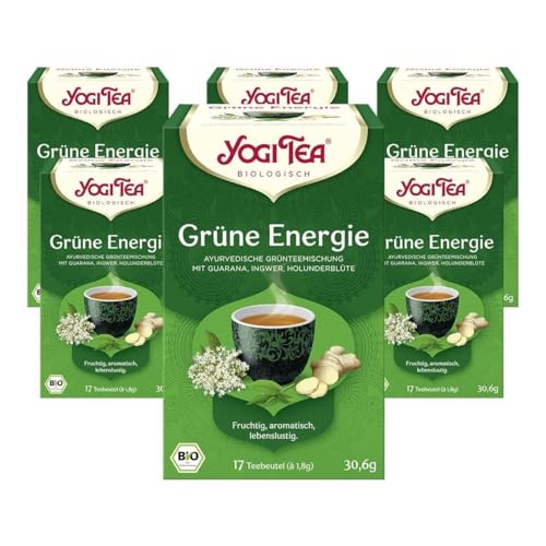 Yogi Tea - Grüne Energie, Ayurvedischer Bio Gewürz- und Kräutertee, Mischung aus Grünem Tee, Guarana, Ingwer und Holunderblüten, Yogi Tee 6er Pack, 6x17 Beutel (102 Teebeutel insgesamt)