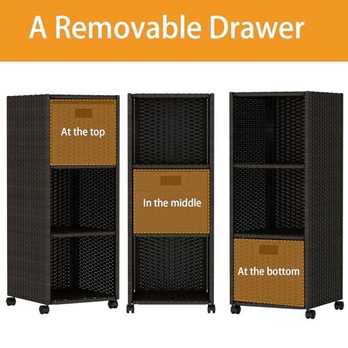 Lovinouse Outdoor Towel Storage Cabinet,Pool Towel Organizer with Shelves & a Drawer,Waterproof Wicker Towel Holder with Rolling Wheels for Outside,Patio,Garden,Poolside,Backyard, Porch,Brown - Thumbnail 5