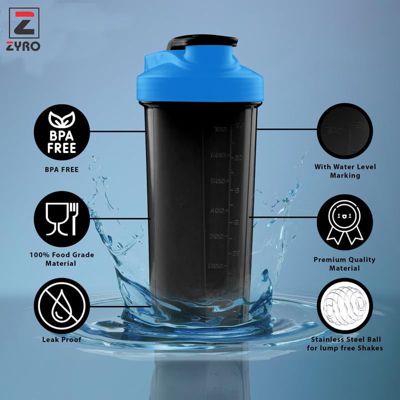 Image of Zyro Gym Shaker for Protein Shake Leakproof Shaker Bottles for Protein, Preworkout and Bcaa Shake, Protein Shaker Bottle for Gym Bottle for Men and Women BPA-Free Material Plastic, Multicolor 700 Ml