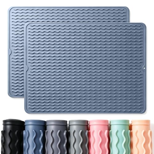 Image of 2 Pack Caketime Silicone Dish Drying Mat for Kitchen Counter Multiple Usage for Cooking Grilling Under Sink Office Coffee Accessories Appliances Pioneer Woman Stuff Extra Large 24 inchx18 inch Blue